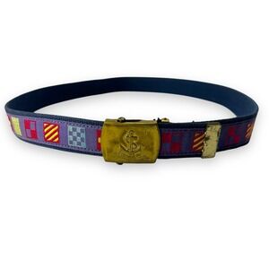 Vtg Nautical Flag Belt Solid Brass Anchor Buckle USA Made Men Navy Blue Woven‎